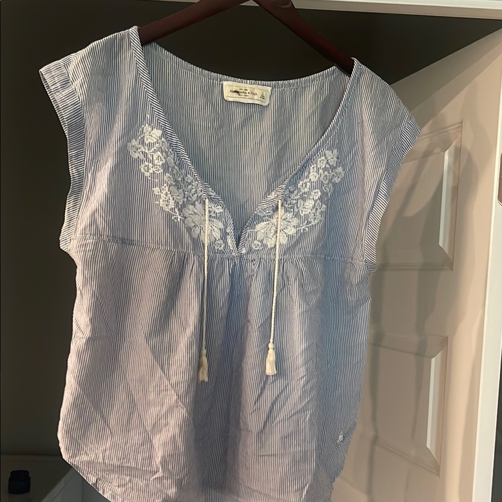 Abercrombie & Fitch Blue and White Stripe Embroidered Floral Women's Blouse Top